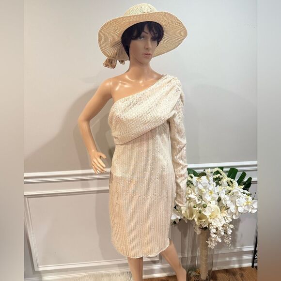 chicme Dresses & Skirts - Elegant Sequins Cream One-Shoulder Dress